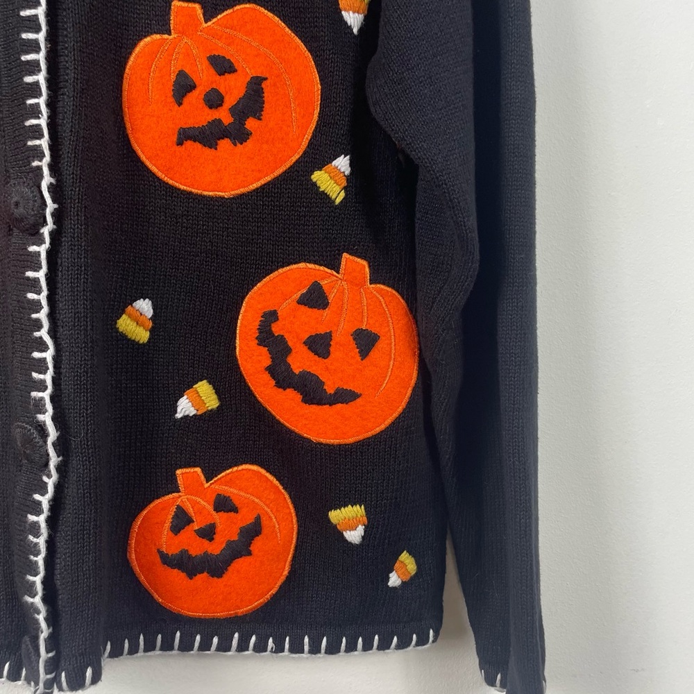 VTG Halloween Cardigan Pumpkin 90s Granny Embroidery Black Med Teacher Sweater - Picture 9 of 16